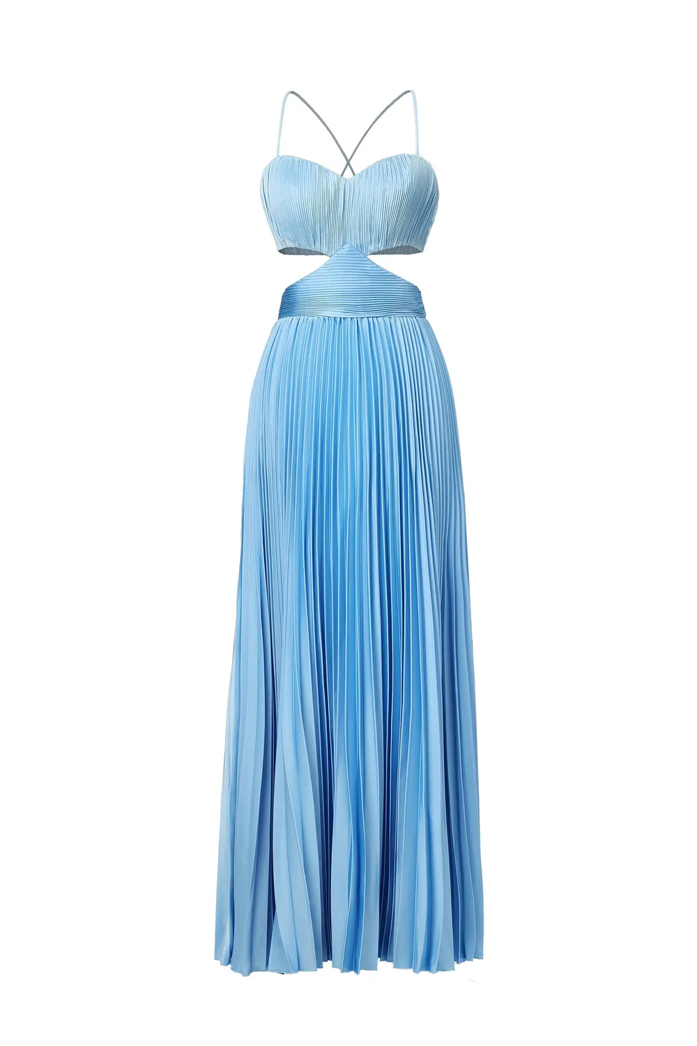 Bella Barnett Moua abito maxi blu satin smanicato pieghe