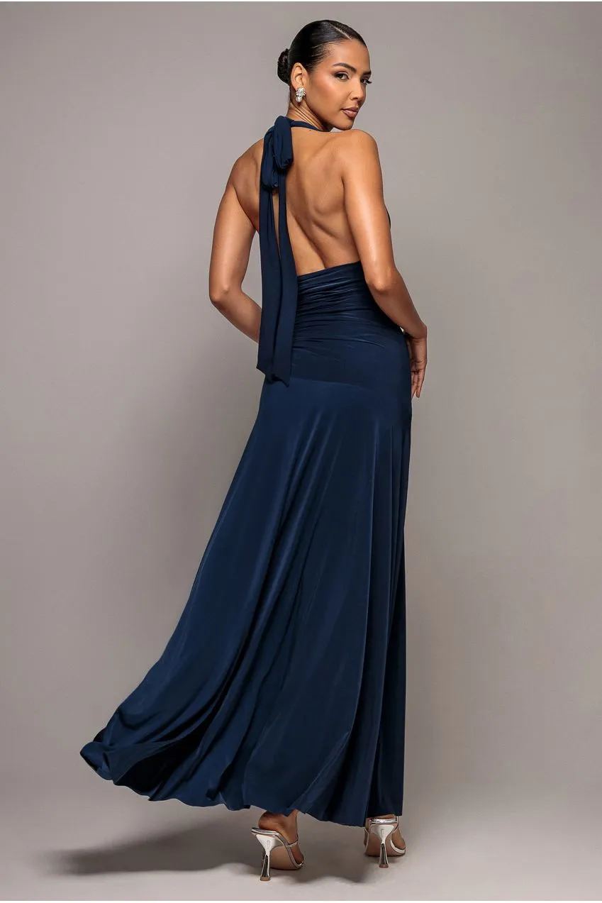 Goddiva Halter Empire abito maxi blu vita impero