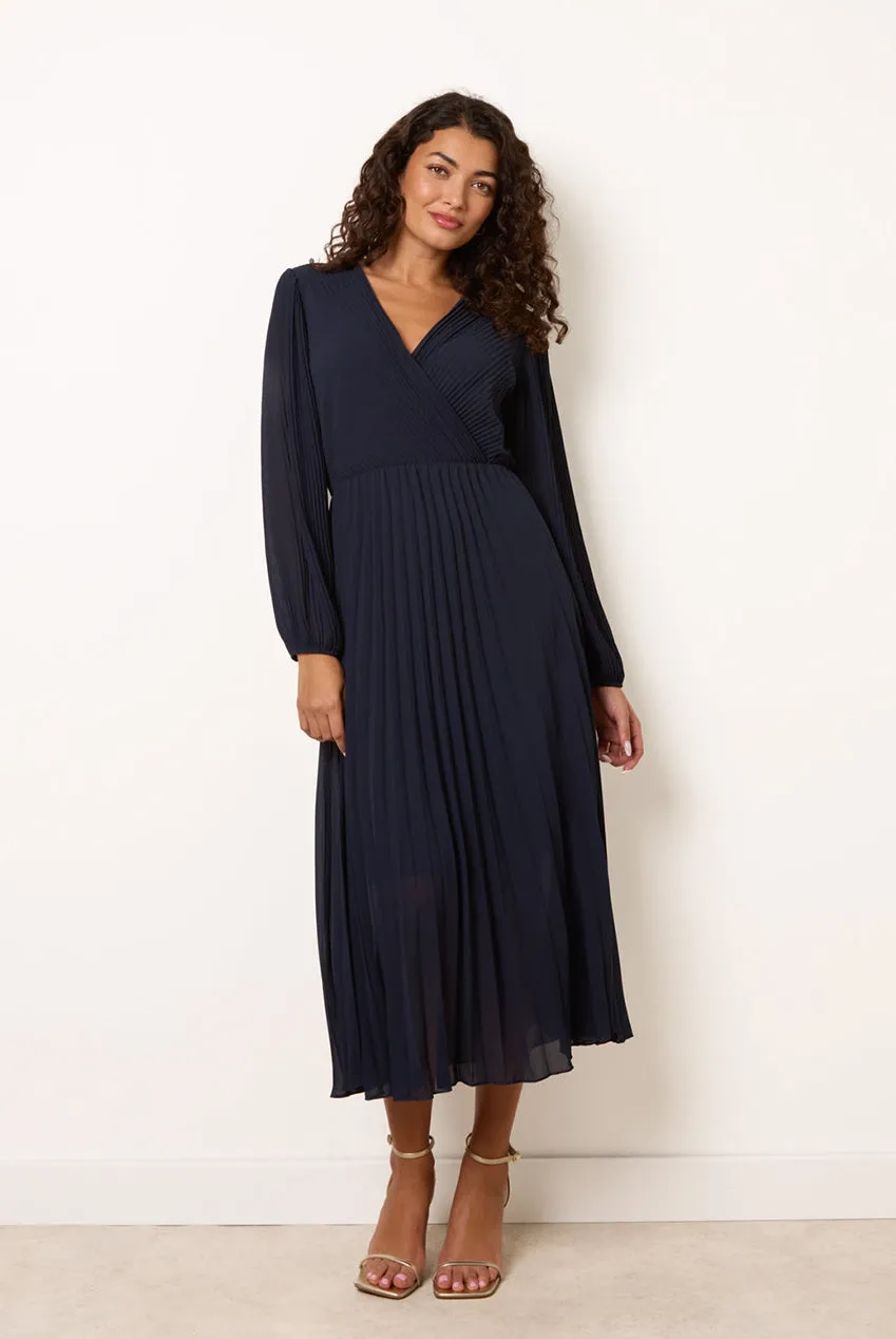 Goddiva Blue Vanilla abito chiffon plissettato blu navy midi