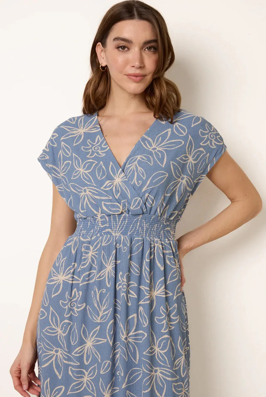 Blue Vanilla Wrap Abito Midi Blu a Fiori Scollo V