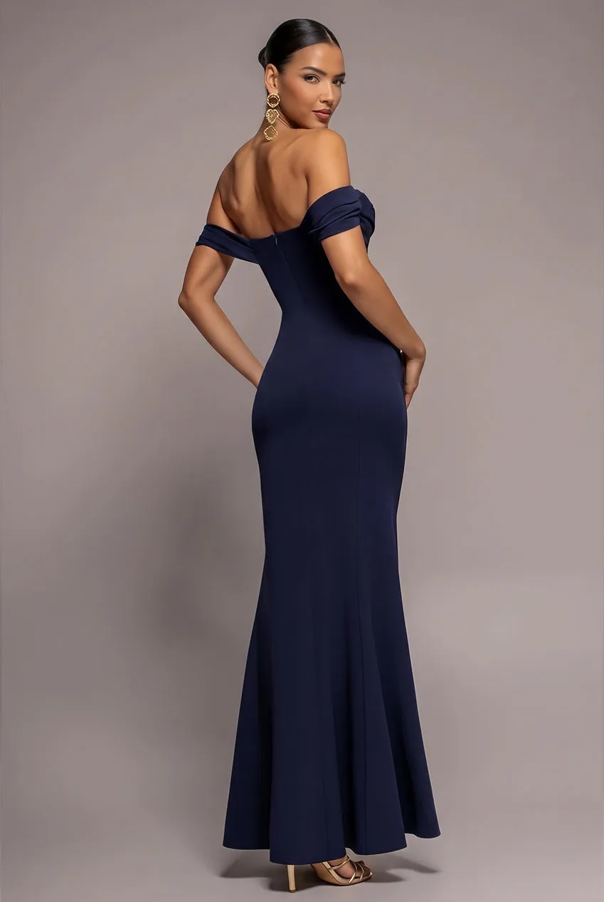 Goddiva Off Shoulder Cowl Neck DR2690 abito lungo blu navy sera
