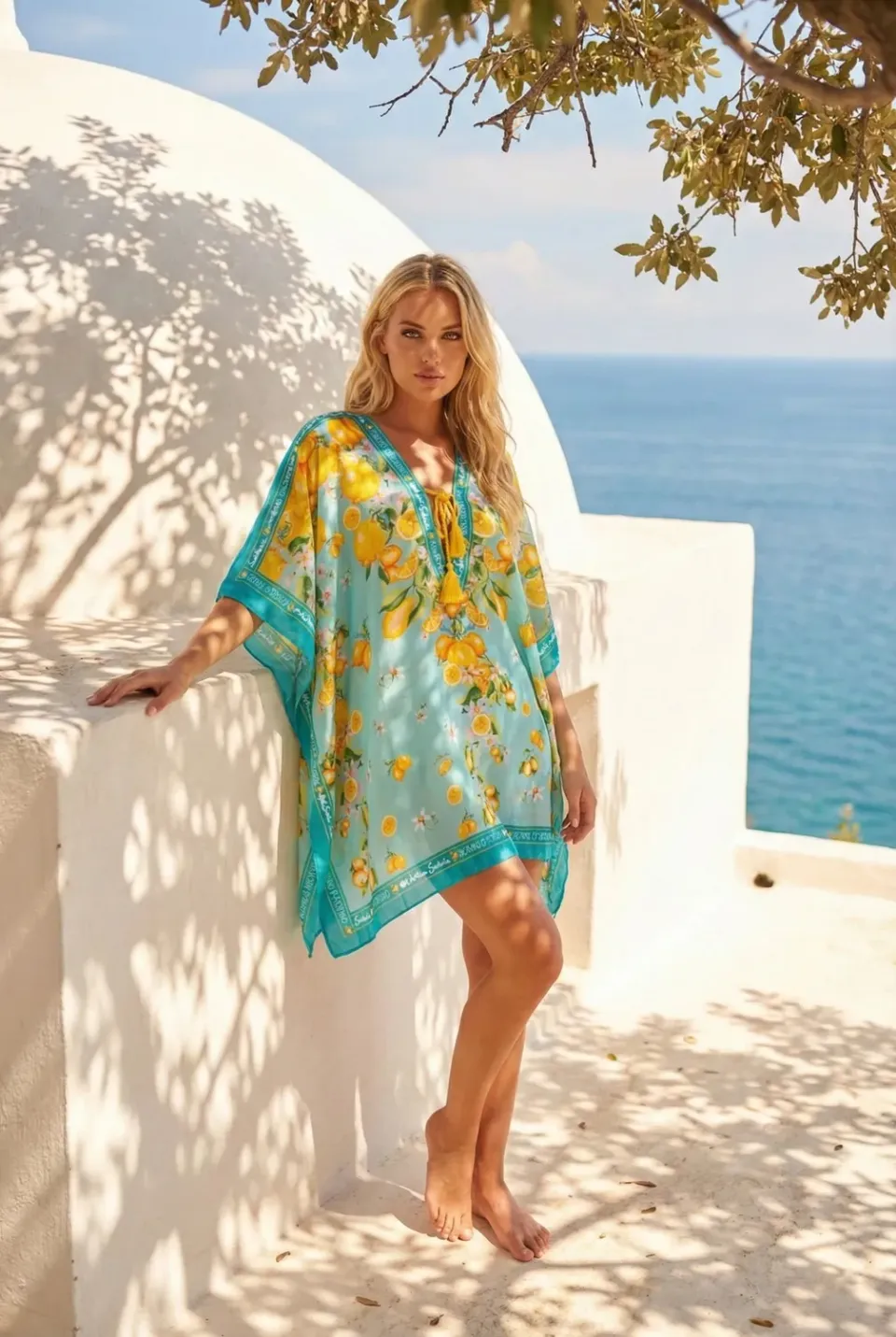 Antica Sartoria FC292 poncho corto turchese agrumi satin