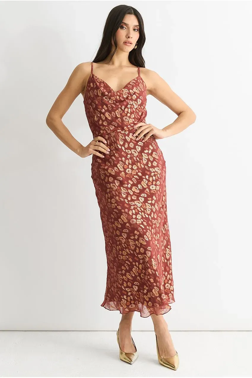 Gini London abito midi marrone scollo scialle animalier