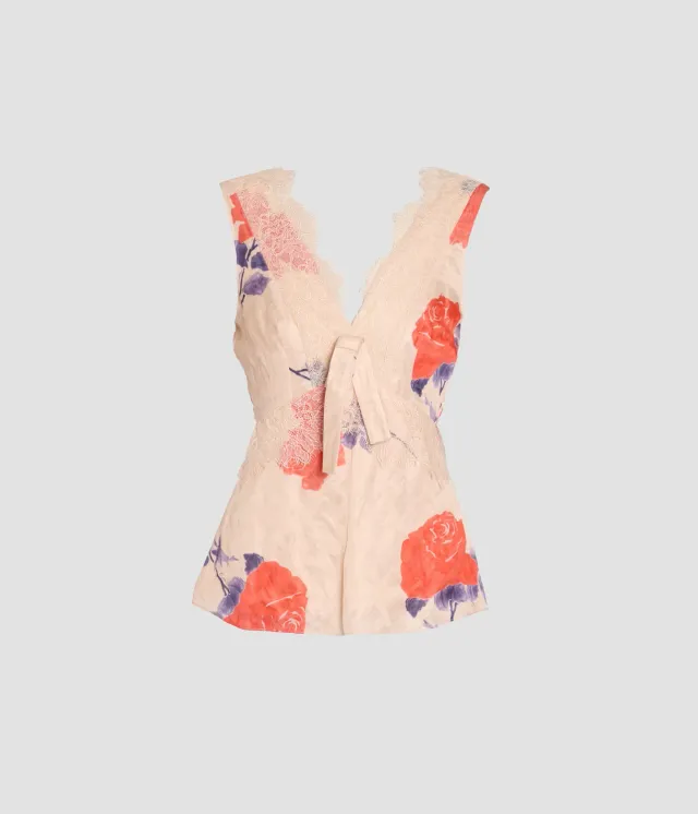 Erdem Top Smanicato Raso Fluido Floreale Stropicciato