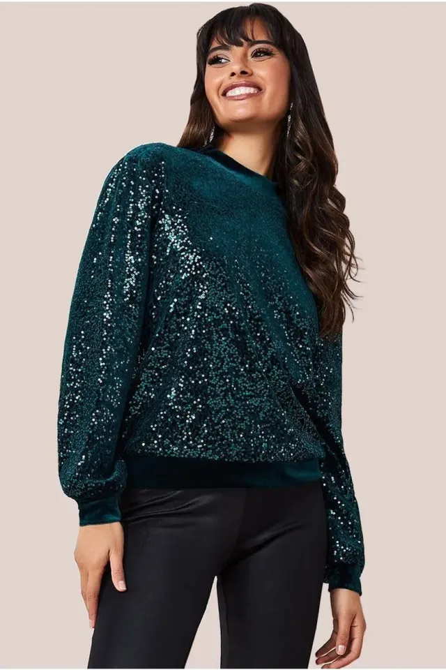 Goddiva maglione velluto verde smeraldo paillettes taglia 8