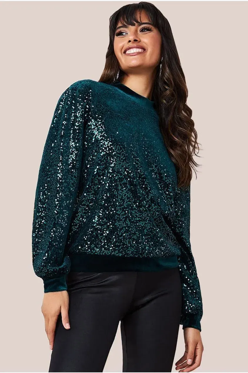 Goddiva maglione velluto verde smeraldo paillettes taglia 8