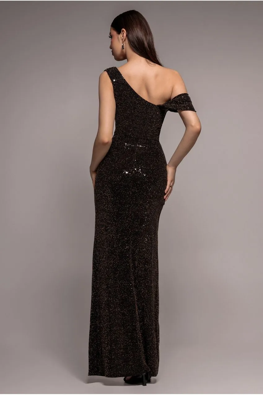Goddiva Cowl Neck Sequin abito lungo nero spacco