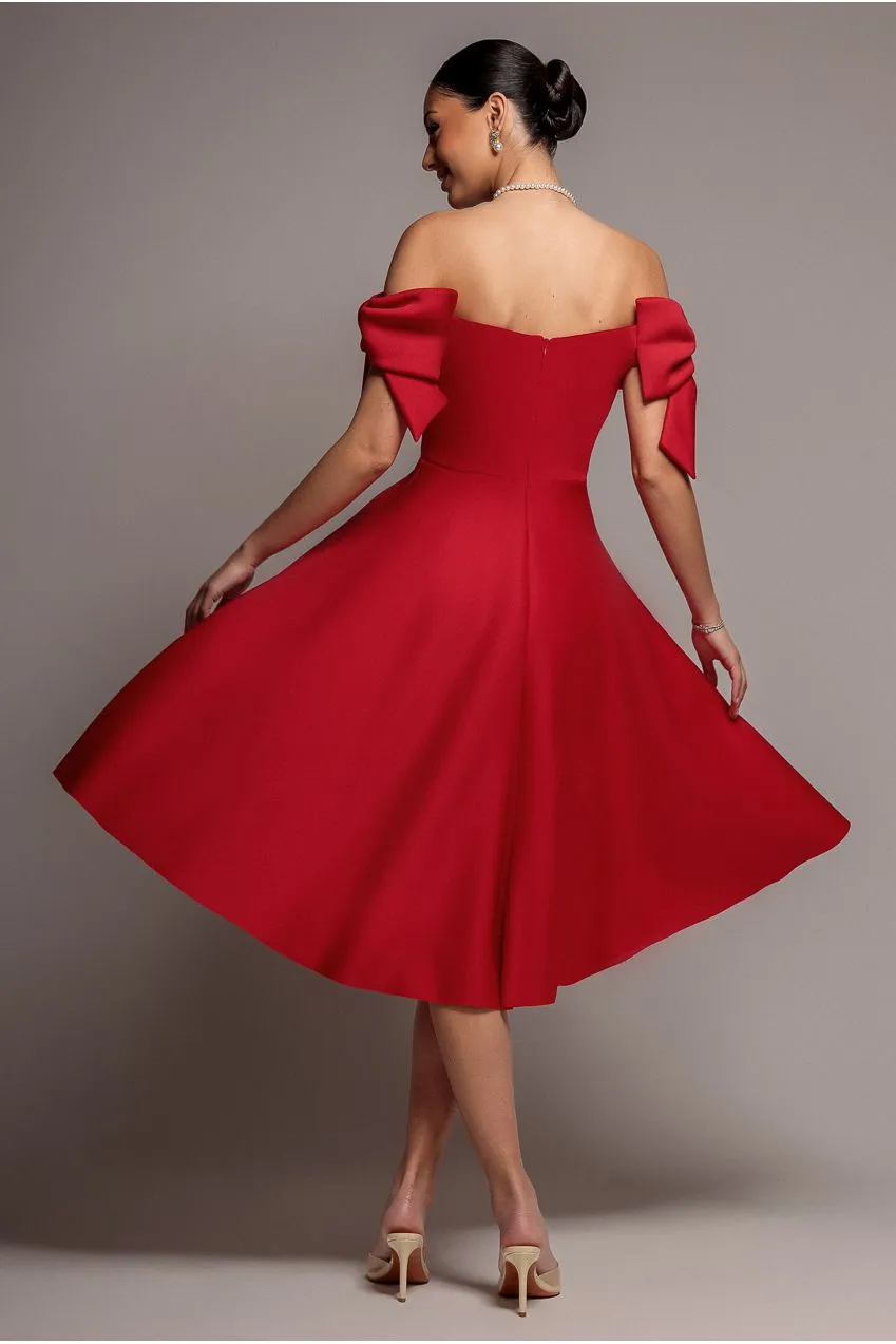 Goddiva Bardot abito midi rosso scollatura profonda 10