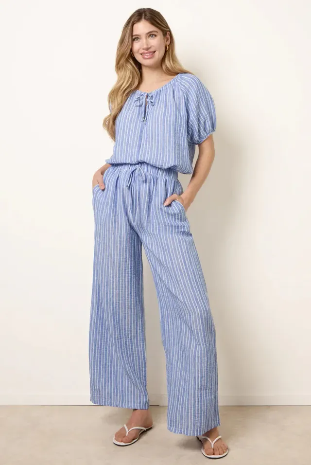 Blue Vanilla pantaloni riga blu gamba larga vita annodata