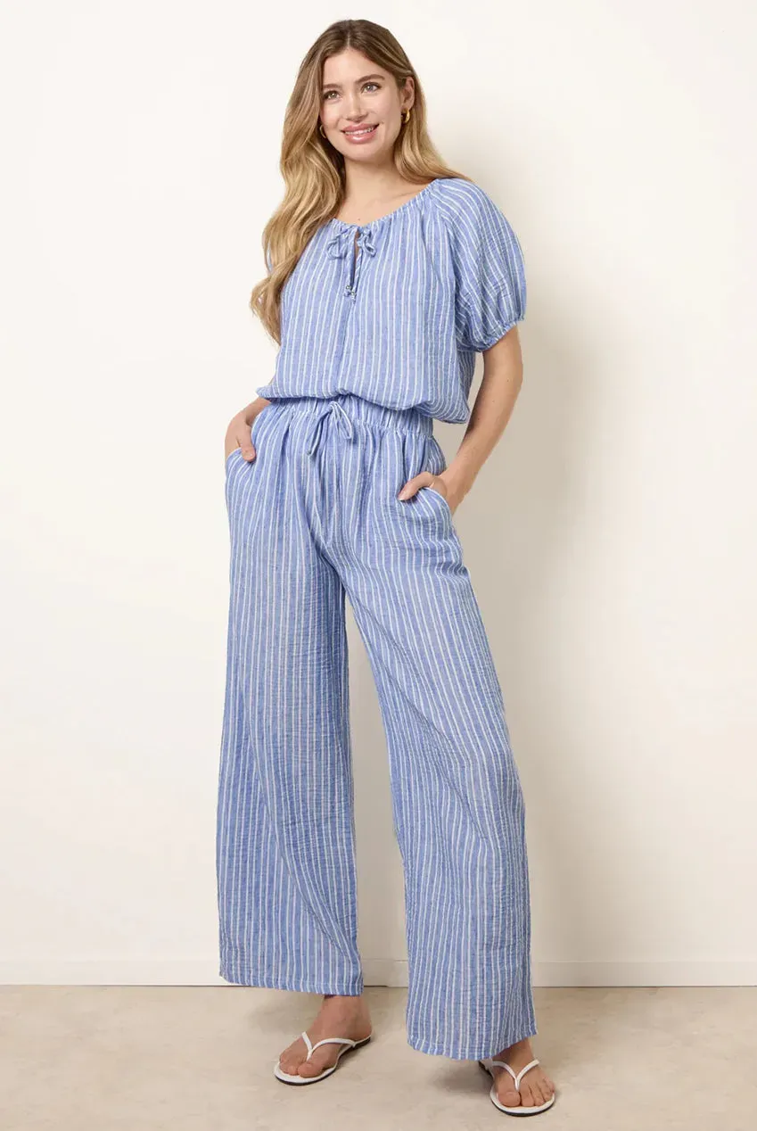 Blue Vanilla pantaloni riga blu gamba larga vita annodata
