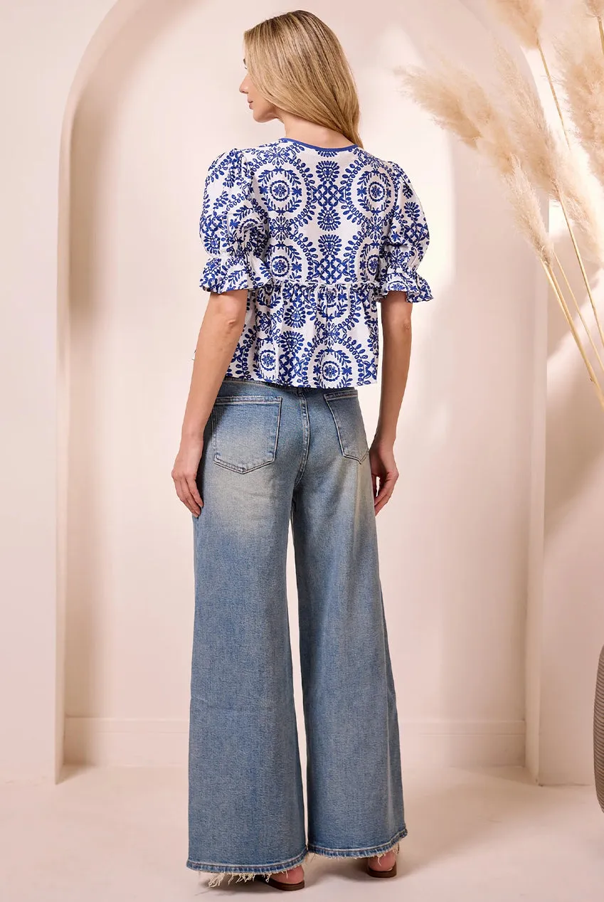 Angeleye top peplum bianco ricamo blu manica corta