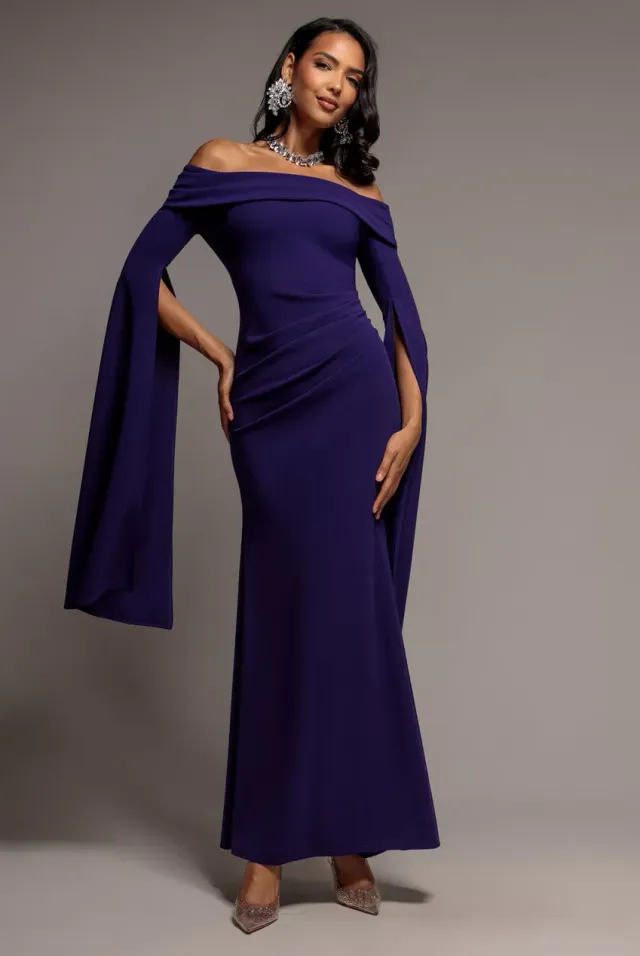 Goddiva Abito Maxi Bardot Viola Scuro con Mantella Sirena Scuba