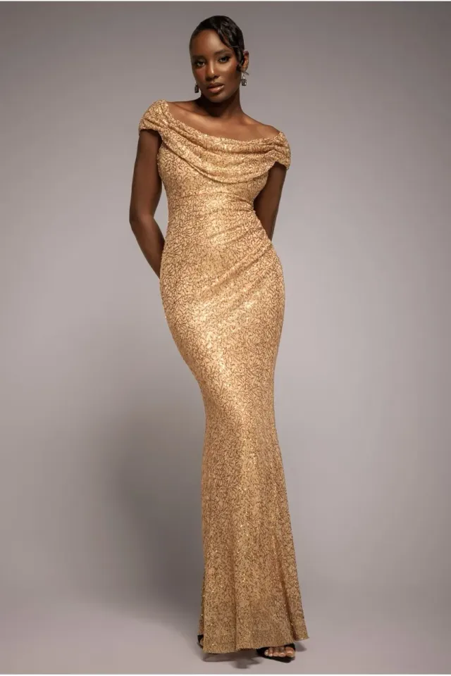 Goddiva Sequin Cowl Abito Maxi Oro con Paillettes