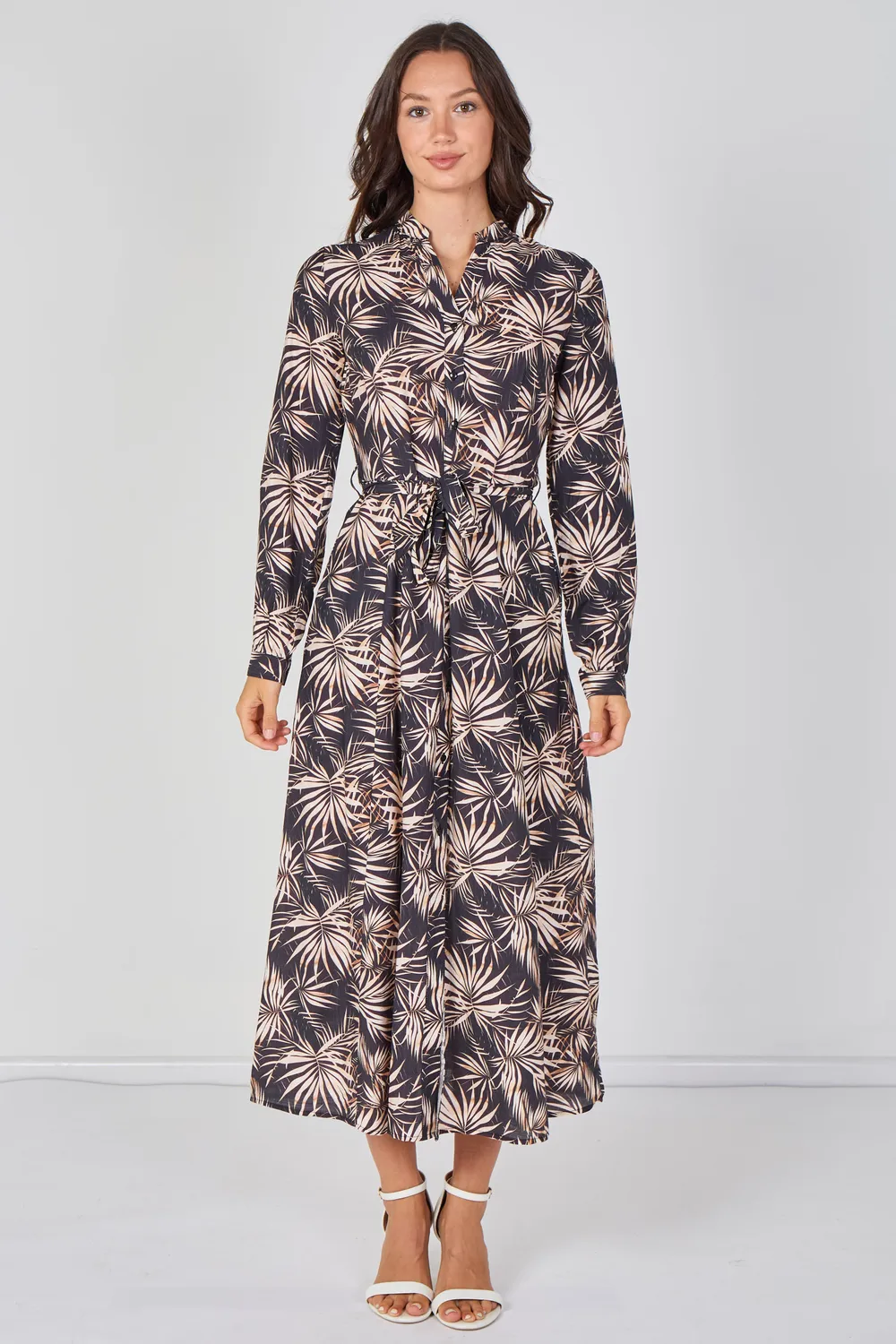 Love Sunshine abito camicia maxi nero palme cintura