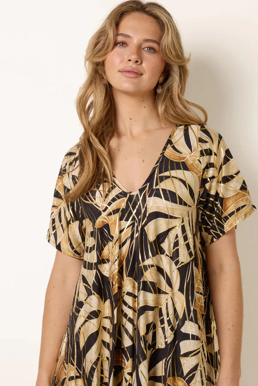 Blue Vanilla kimono abito midi nero tropicale taglia unica