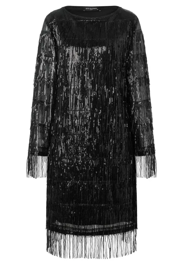 Ana Alcazar Tabea abito cocktail nero frange paillettes