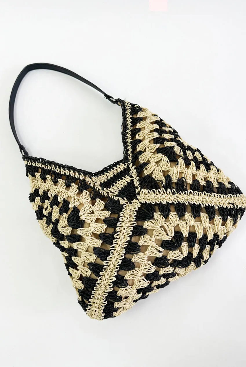 SVNX Woven Straw borsa a spalla nera paglia