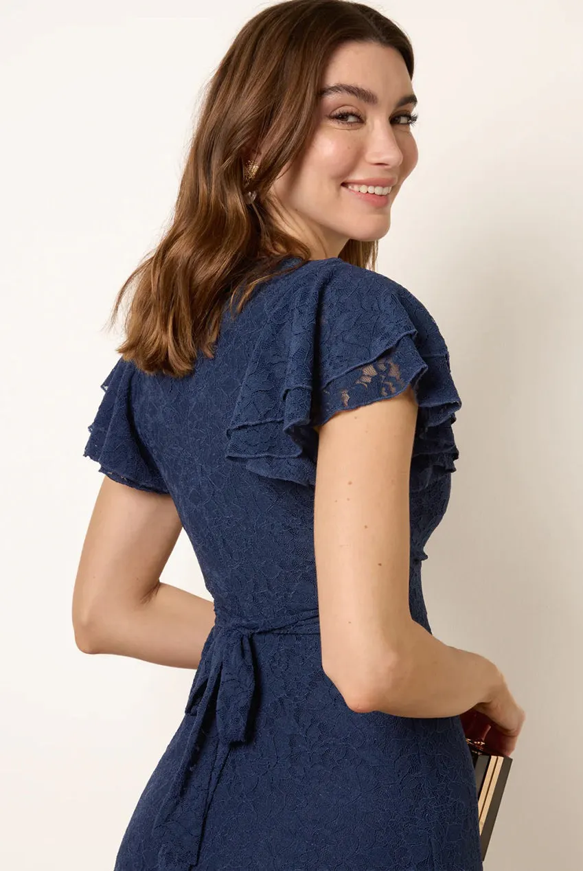 Blue Vanilla Lace Angel Sleeve mini abito pizzo navy