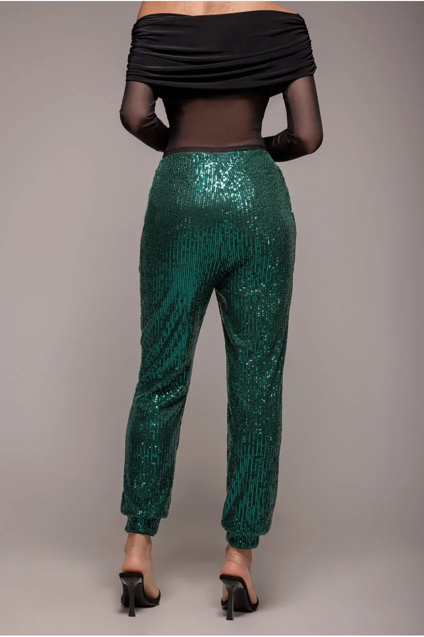 Goddiva pantaloni caviglia paillettes smeraldo vita alta