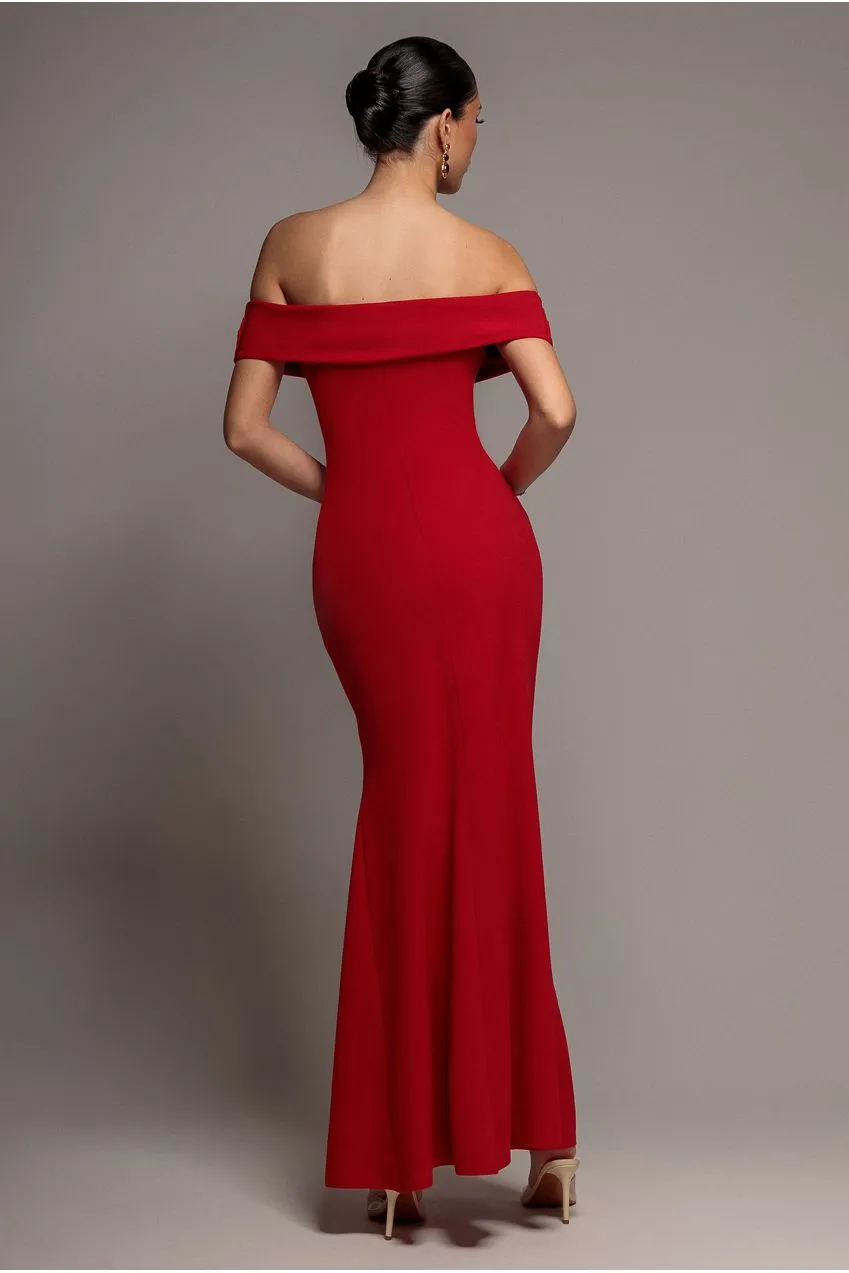 Goddiva Off Shoulder abito maxi rosso spacco scuba elegante