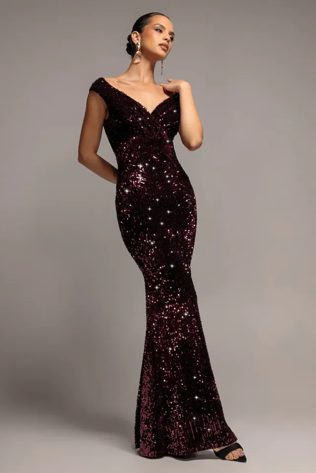 Goddiva Sequin Velvet abito maxi prugna sirena