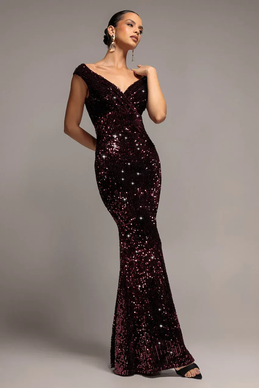 Goddiva Sequin Velvet abito maxi prugna sirena