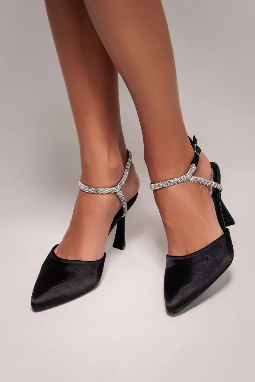 Goddiva Diamante décolleté slingback raso nero con strass