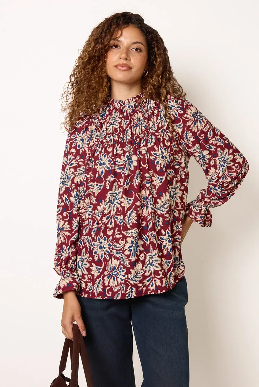 Blue Vanilla Smock top bordeaux S/M floreale manica lunga