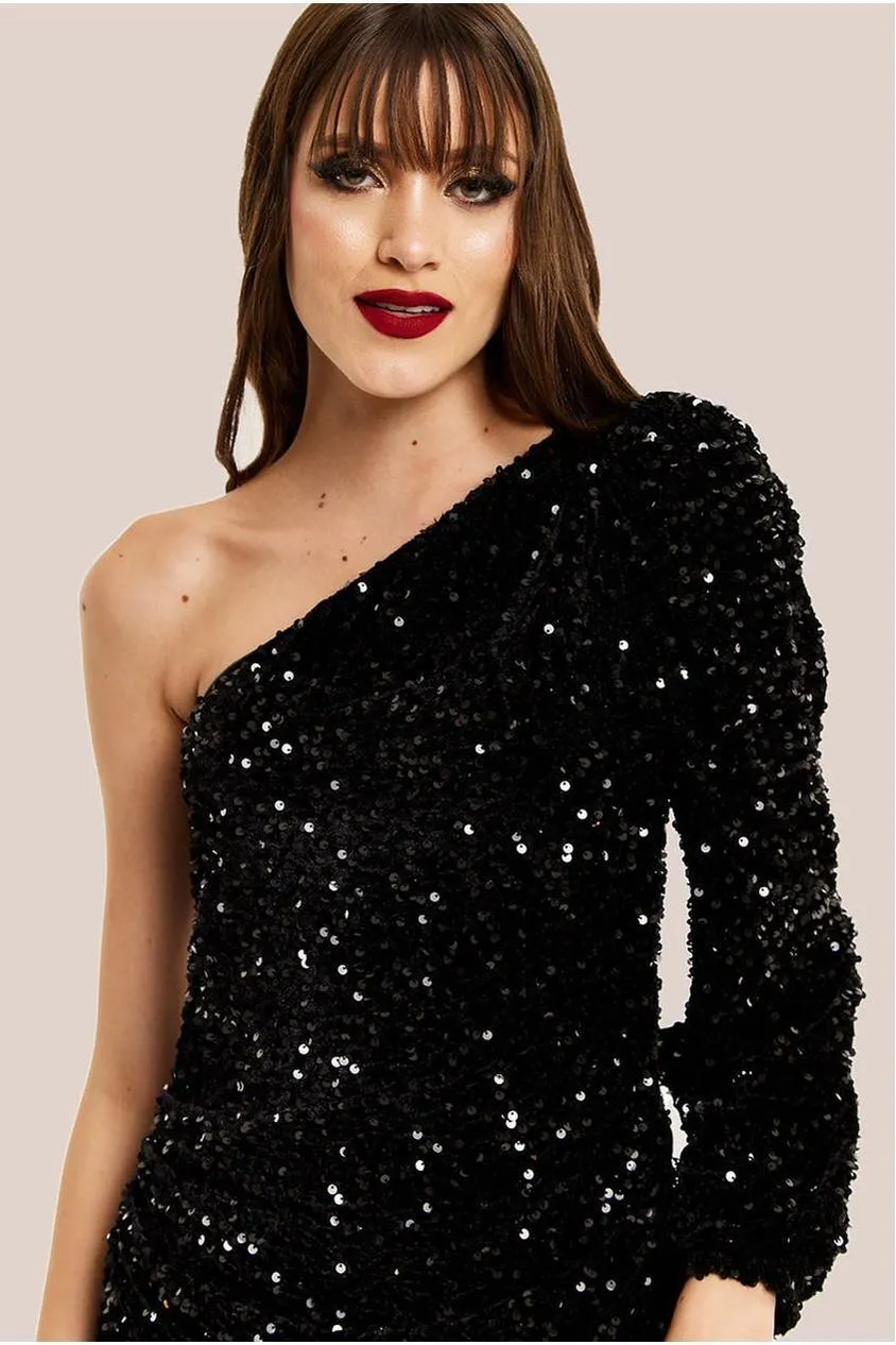 Liquorish One Shoulder abito midi velluto paillettes nero