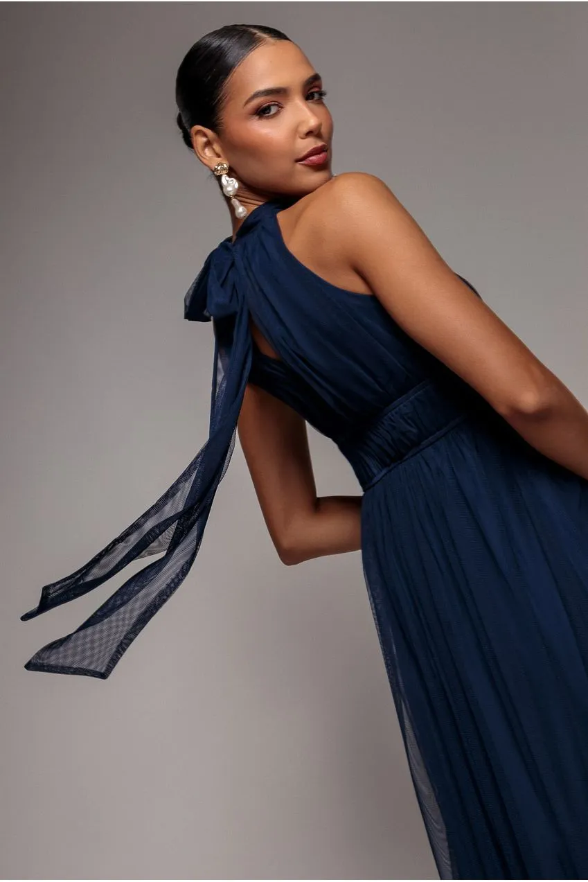 Goddiva Halter Neck Mesh abito maxi navy blue 12 spacco