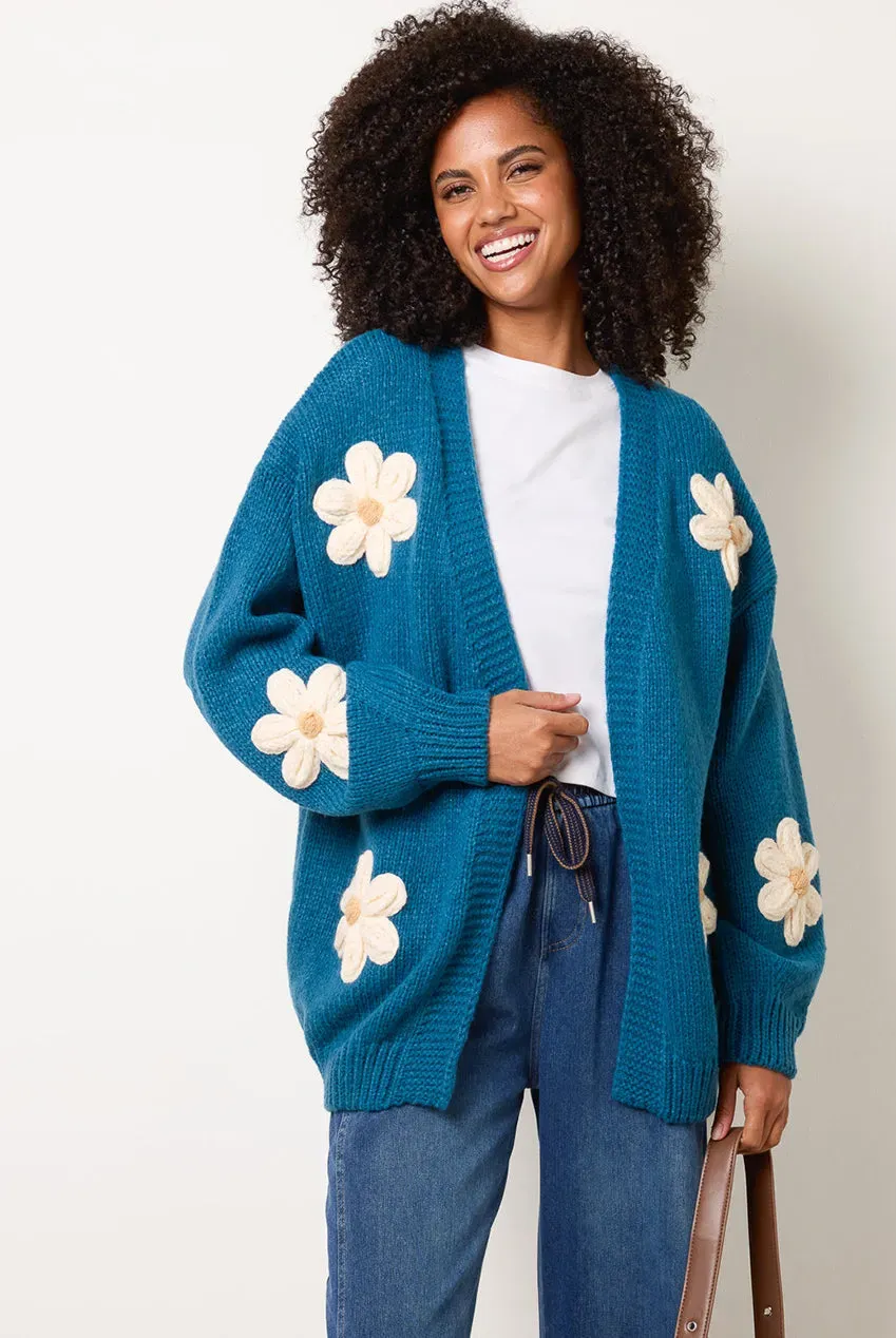 Blue Vanilla Daisy cardigan donna ricamo fiori teal S/M