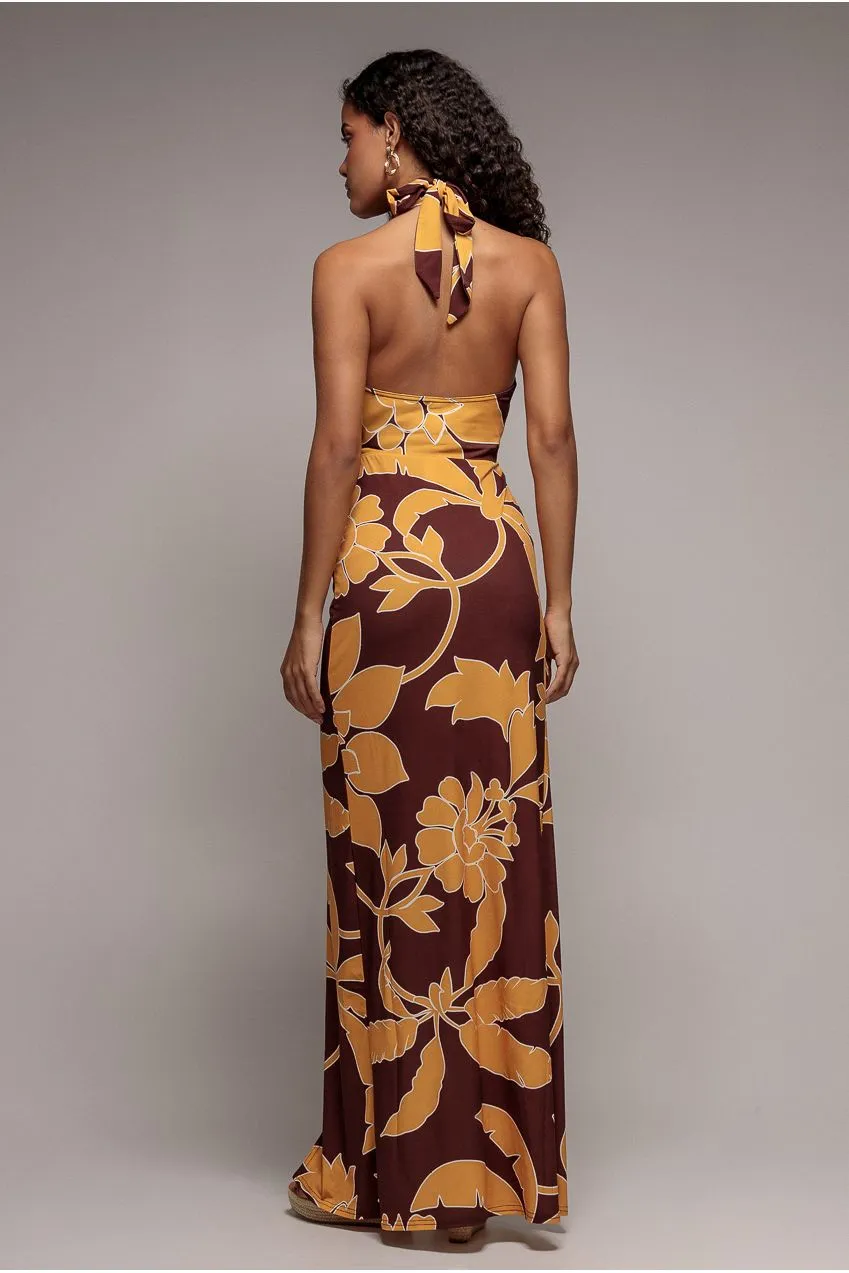 Goddiva Abito Maxi Fantasia Marrone Scollo Halter