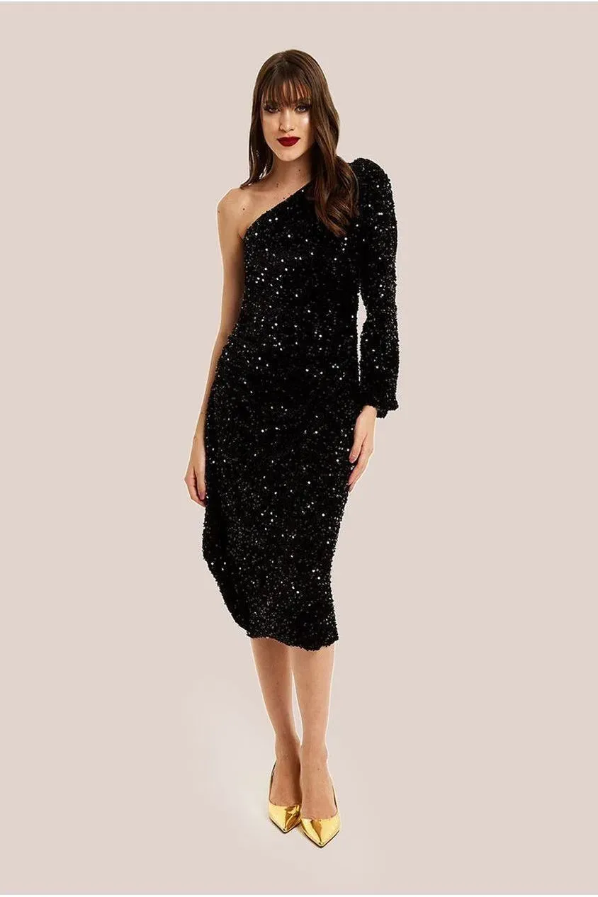 Liquorish One Shoulder abito midi velluto paillettes nero
