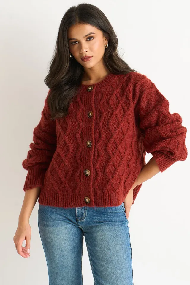 Gini London Cardigan Ruggine a Trecce Lavoro a Maglia S/M