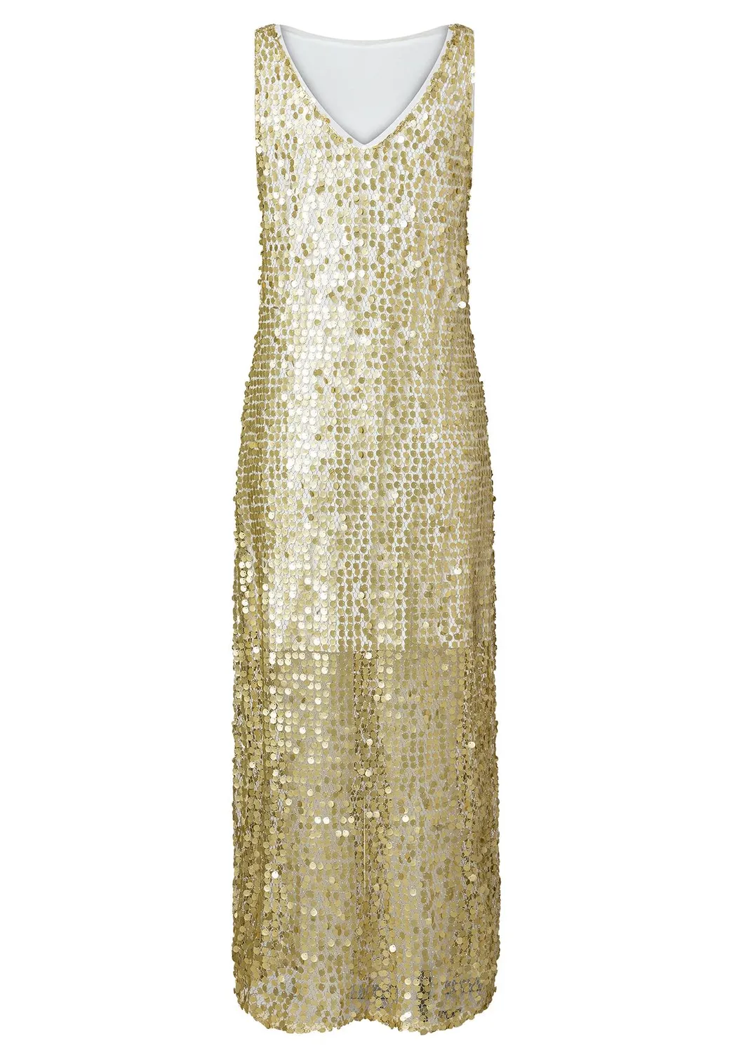 Ana Alcazar Wadani abito maxi rete paillettes oro