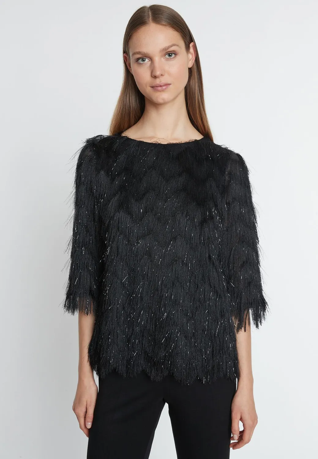 Ana Alcazar Macea Top Nero con Frange Zigzag