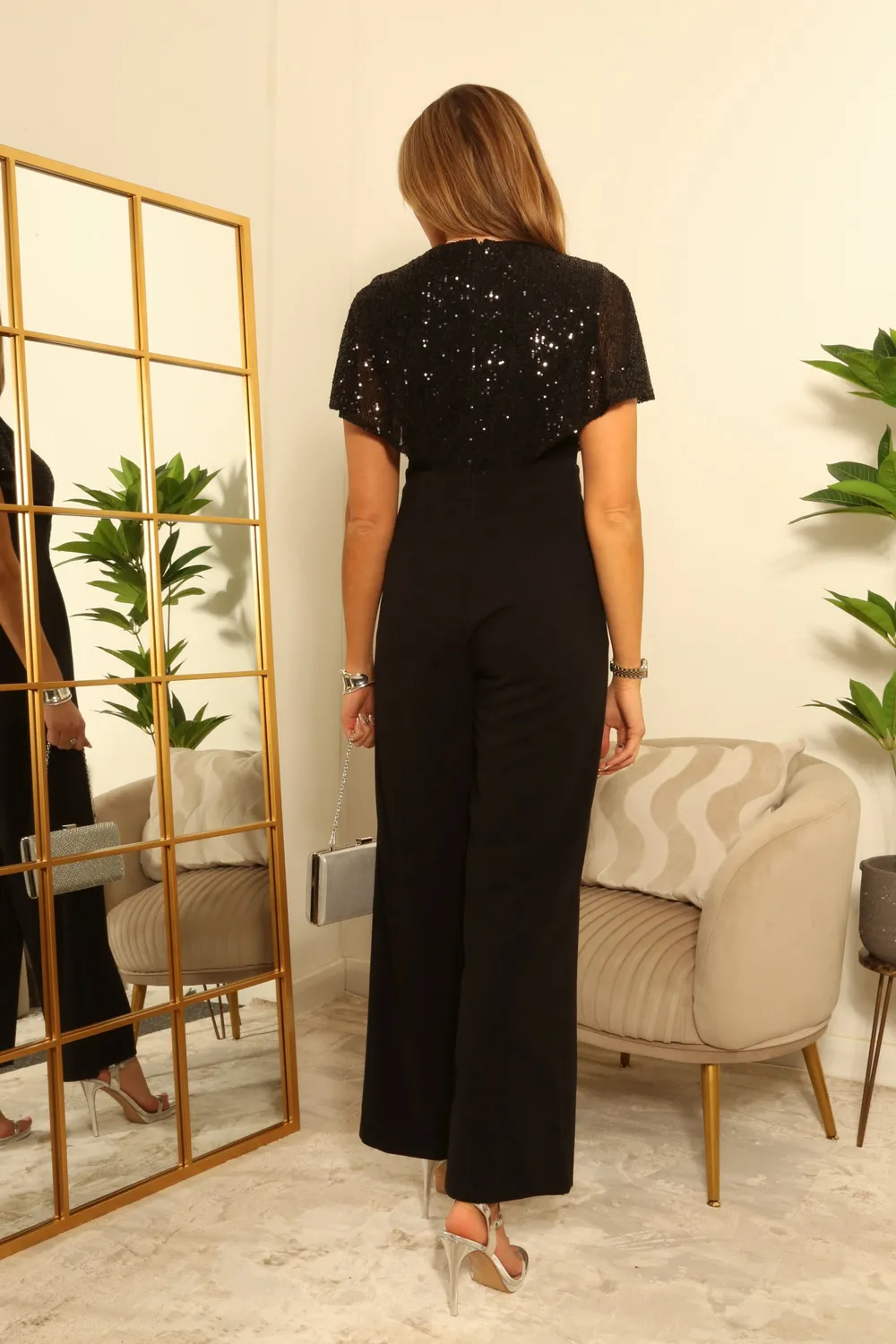 Goddiva Double Second Sequin Cape tuta nera paillettes