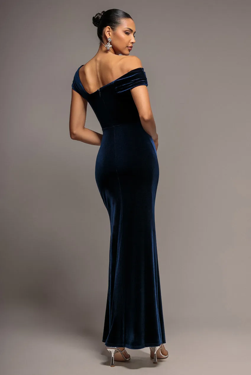 Goddiva One Shoulder Velvet Maxi abito velluto navy
