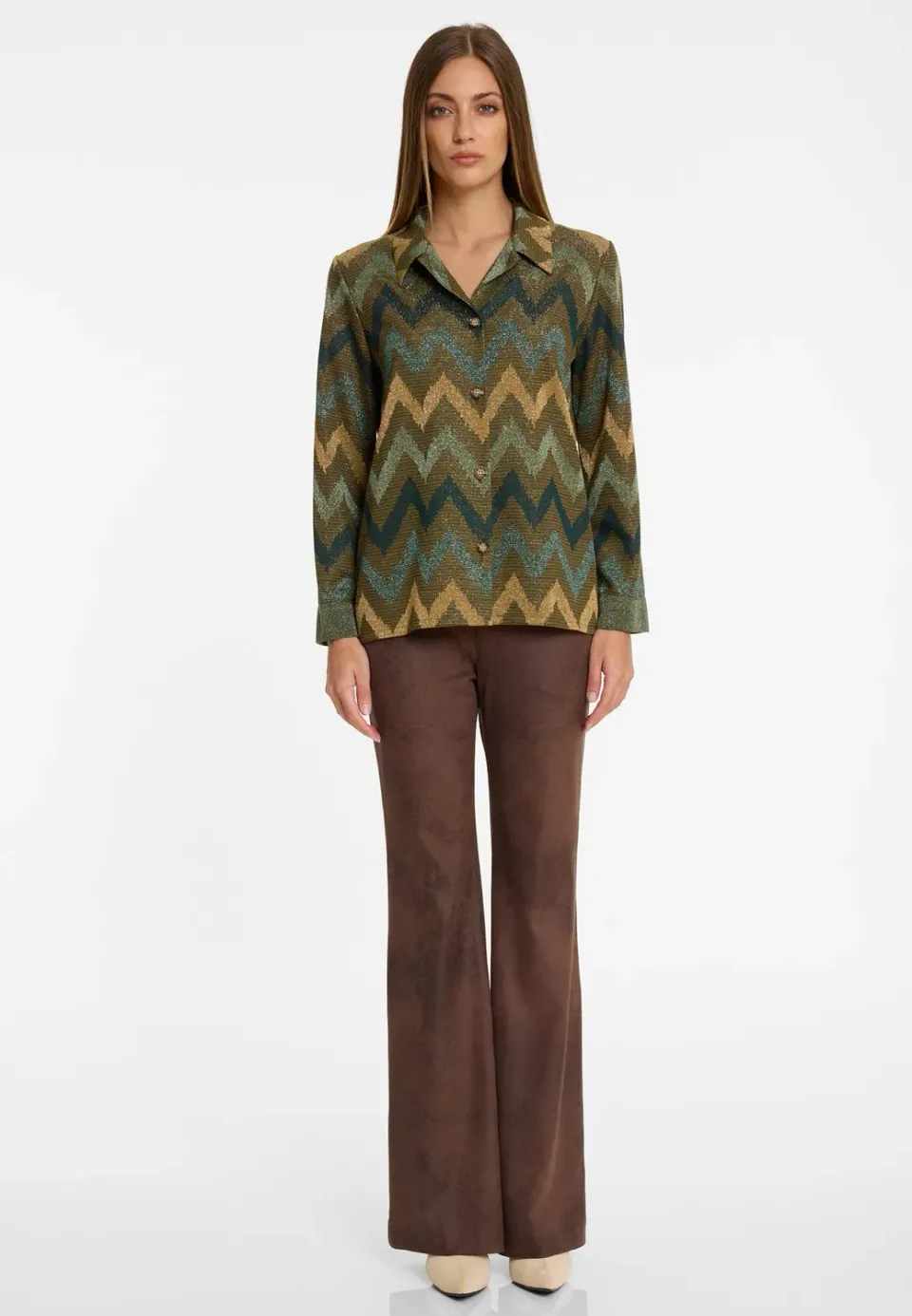 Ana Alcazar Avemi camicia lurex verde oro a zigzag