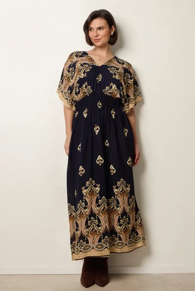 Blue Vanilla Border Print Kimono abito maxi navy viscosa