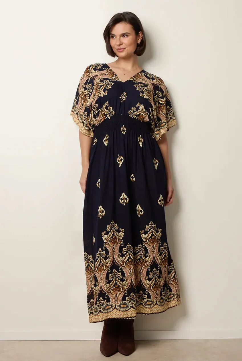 Blue Vanilla Border Print Kimono abito maxi navy viscosa