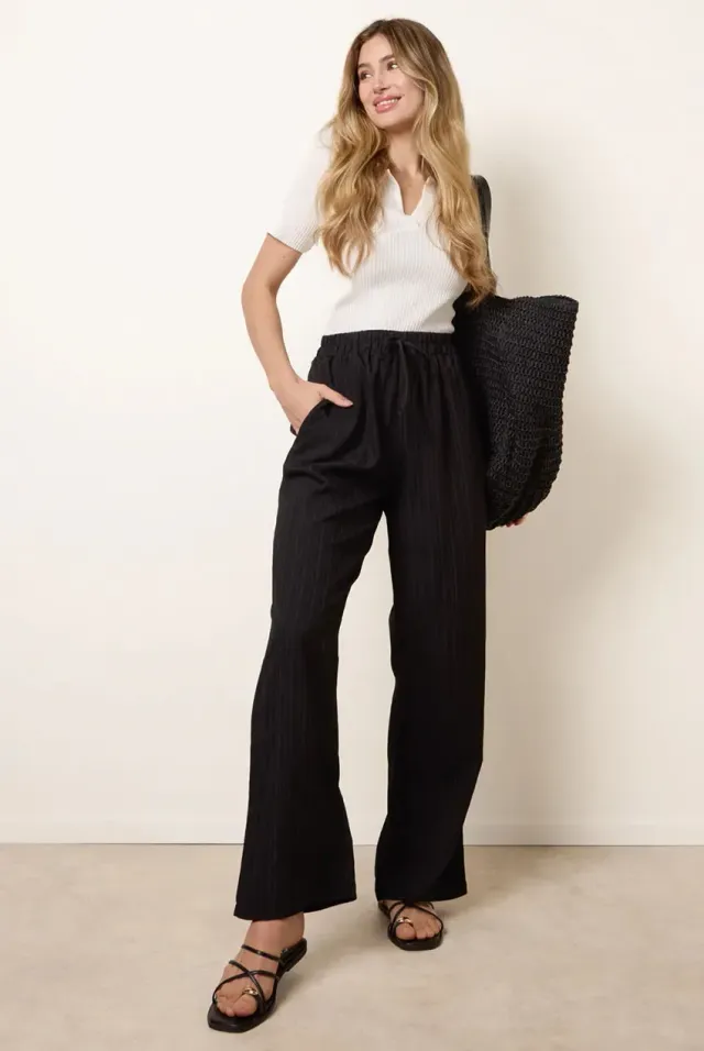 Blue Vanilla Drawstring pantaloni neri gamba larga coulisse