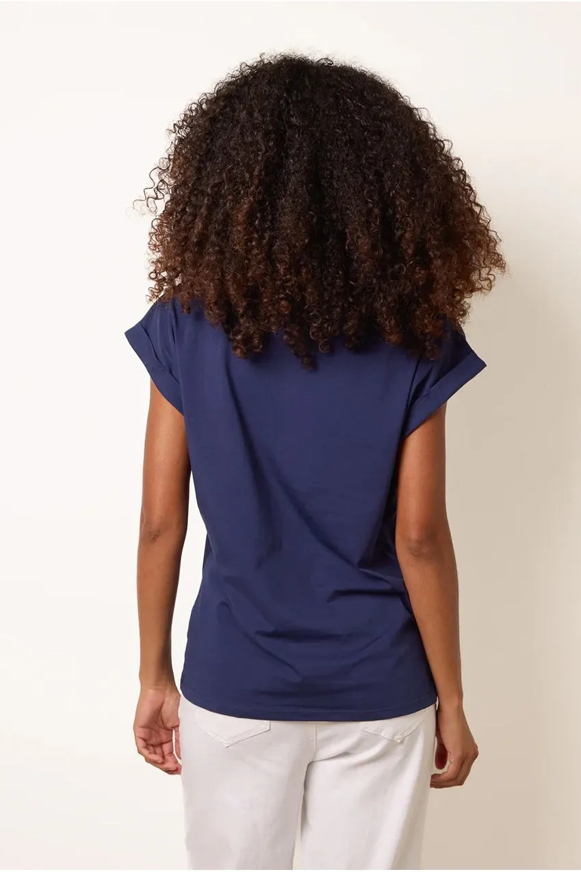 Blue Vanilla t-shirt ricamo floreale blu navy cotone