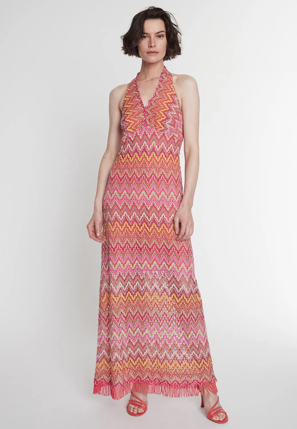 Ana Alcazar Polora abito lungo maxi rosa scollo halter