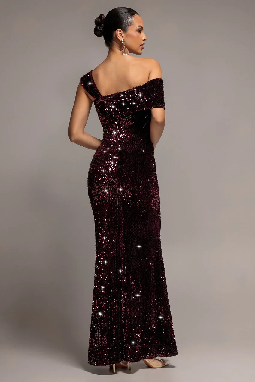 Goddiva Asymmetric Abito Lungo Prugna Paillettes