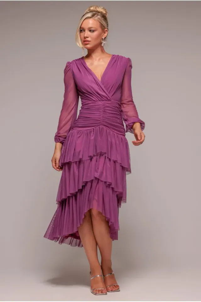 Goddiva Tiered abito berry scollo a V gonna asimmetrica