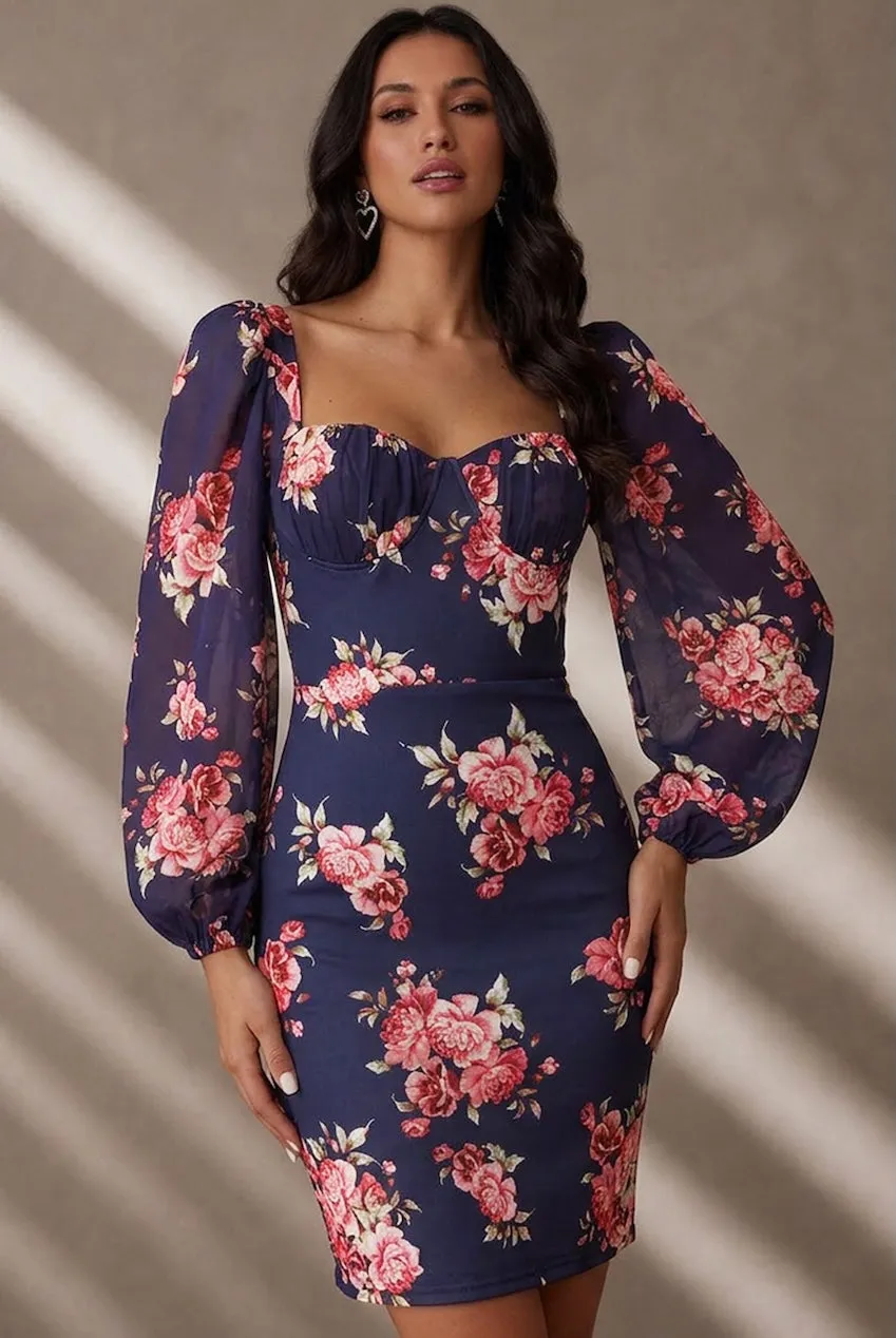 Chi Chi London Balloon Sleeve abito bodycon blu navy mini