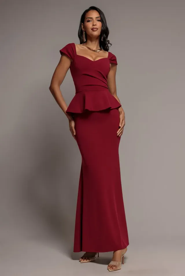 Goddiva Peplum Scuba abito maxi bordeaux scollo cuore sirena