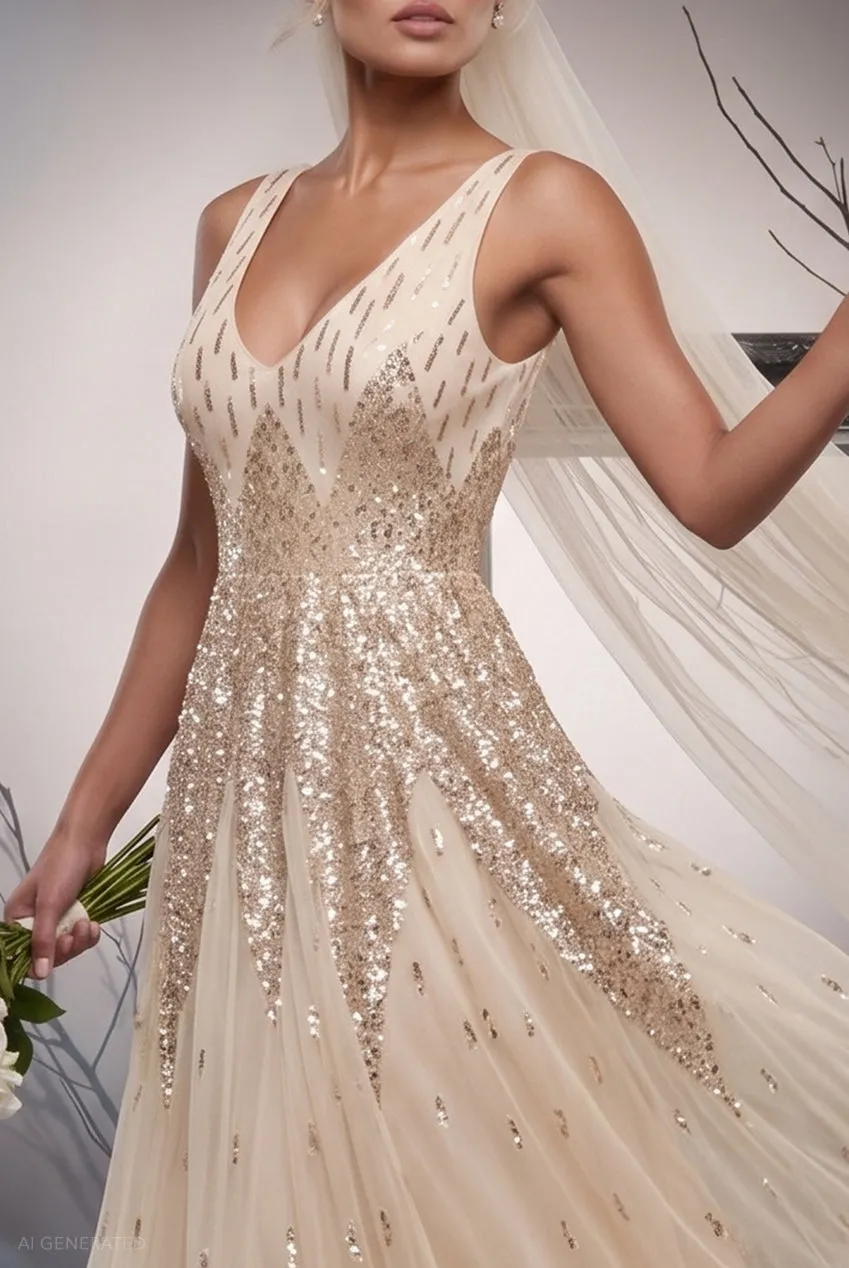 Goddiva Jilted Bride abito lungo avorio paillettes
