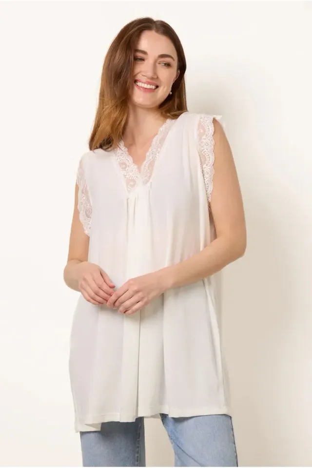 Blue Vanilla V Lace Trim top pizzo avorio taglia unica